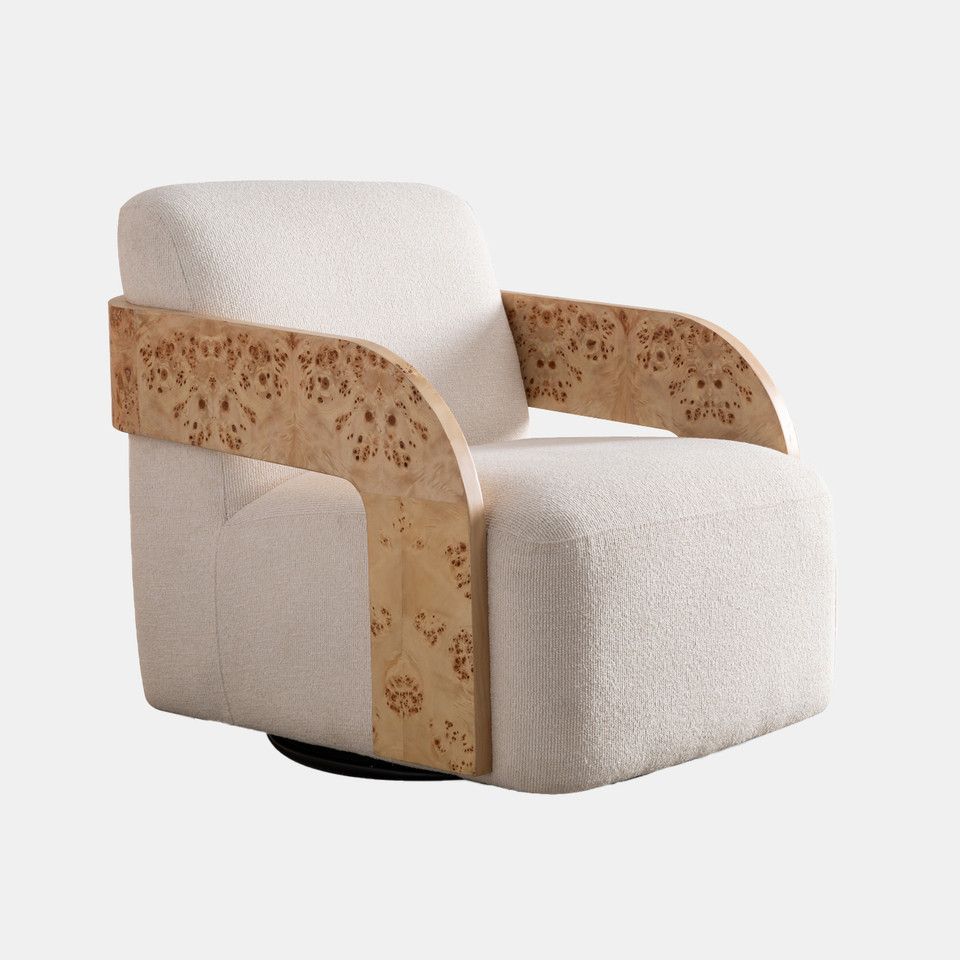 Burl Wood Arm Swivel Accent Chair, Ivory/tan
