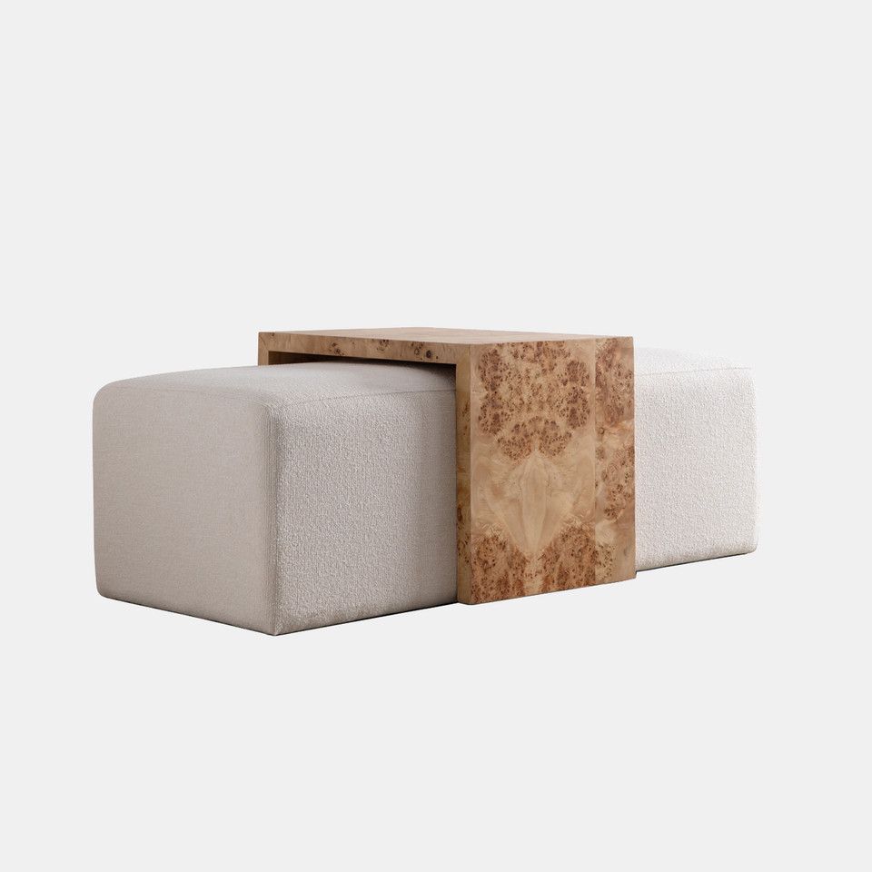 53&quot; Rectangular Ottoman With Burl Wood Table, Ivor