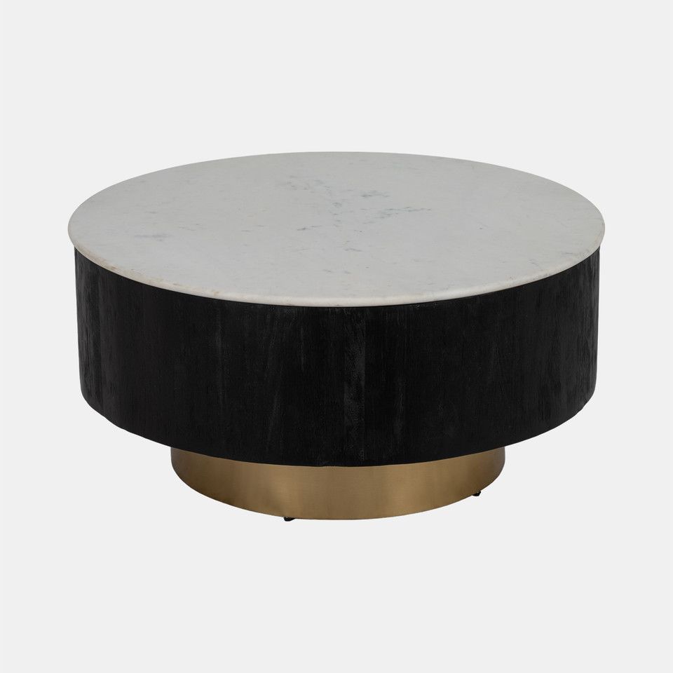 34&quot; Gold Pedestal Coffee Table Marble Top, Wht/blk