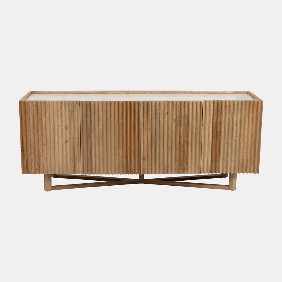 Wood/marble, 69&quot;l 4-door Fluted Sideboard, Natural