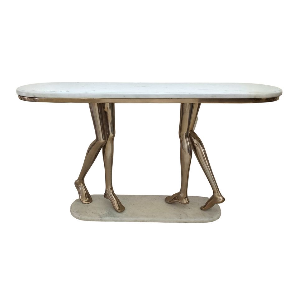 55&quot; Console Table Polished Deep Metal W/marble Wht