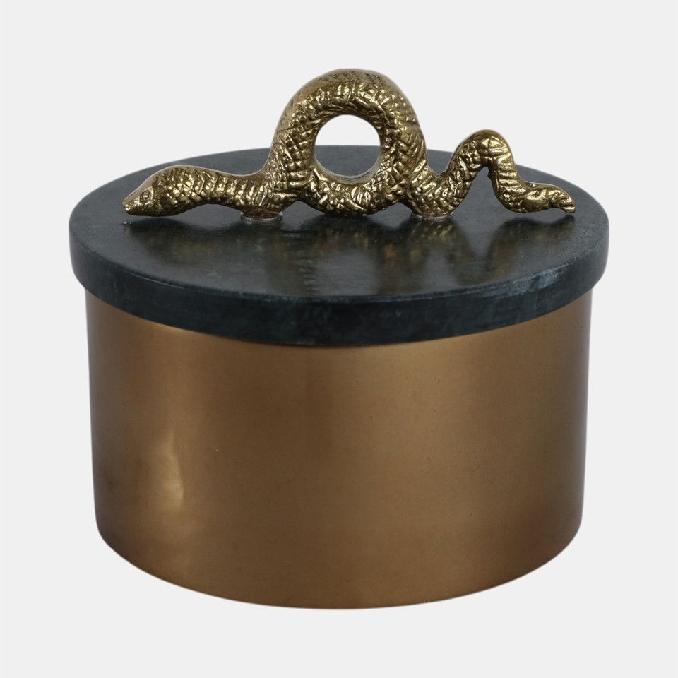 5x5&quot; Round Marble &amp; Metal Box With Snake, Green/go