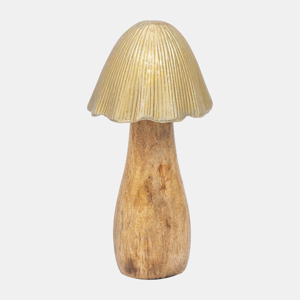 Wood, 8&quot; Mushroom With Metal Top, Gold