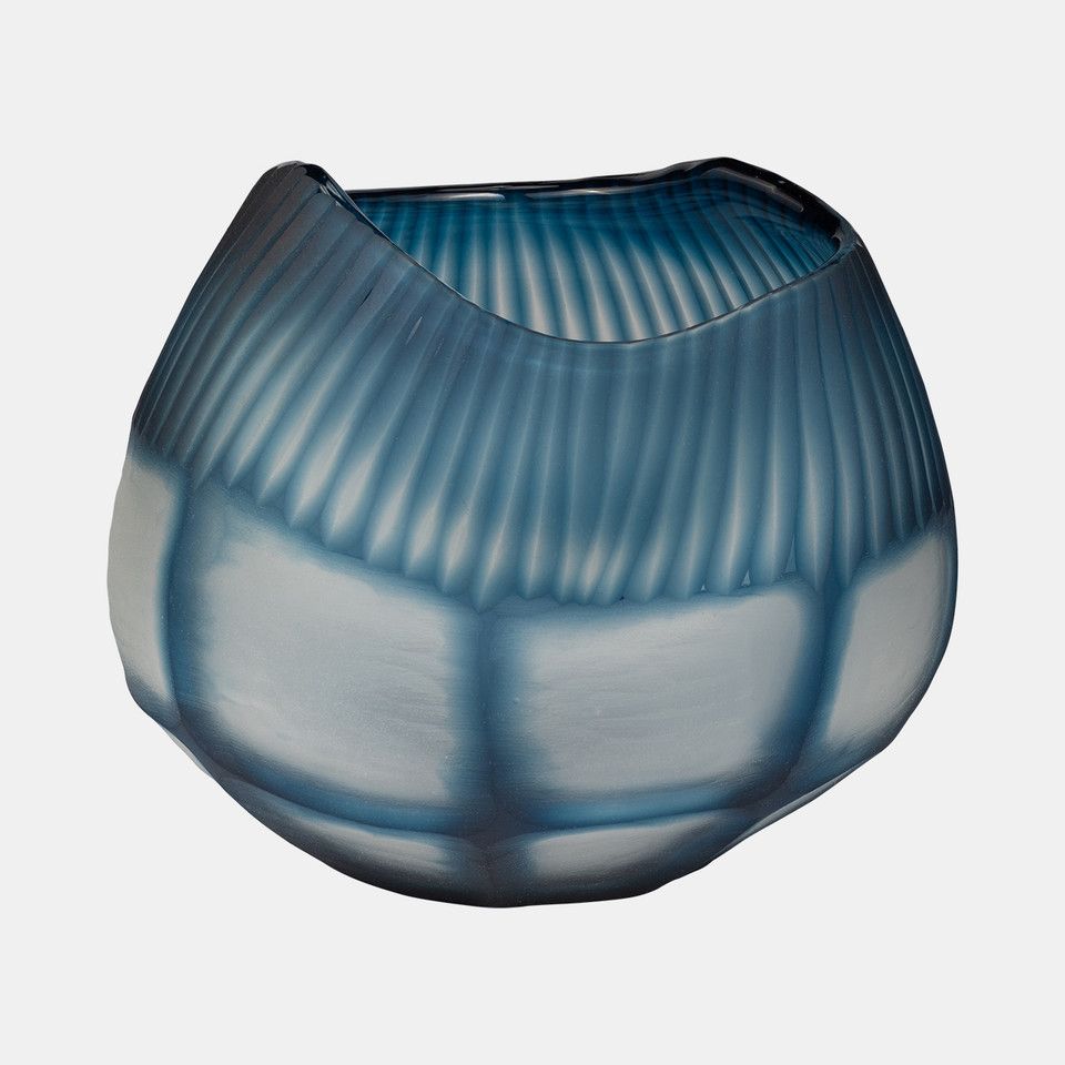Glass, 9&quot; Carved Bowl Blue