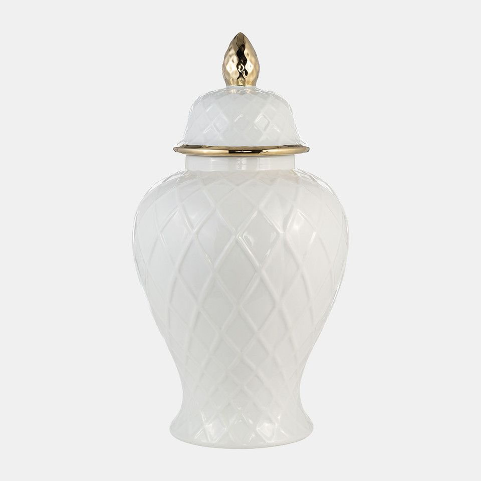 Cer, 20&quot;h Rope Temple Jar, White/gold
