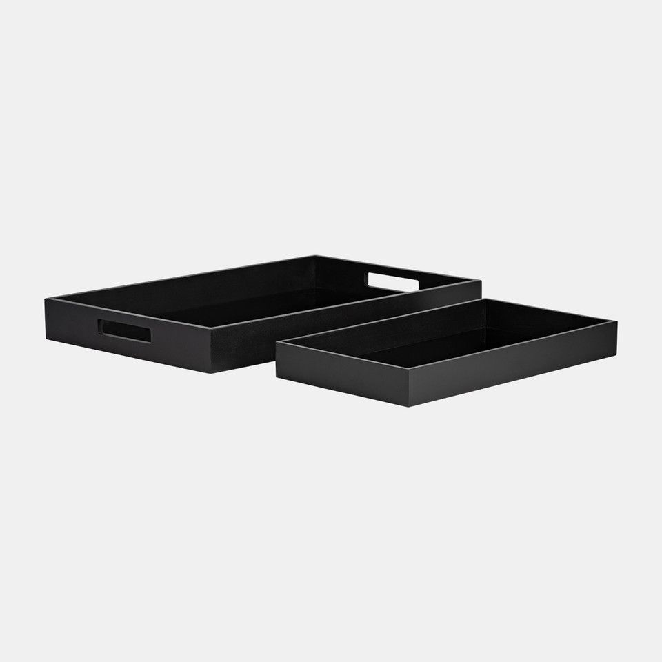 Wood/glass, S/2 14/18&quot;l Reactangular Trays, Black
