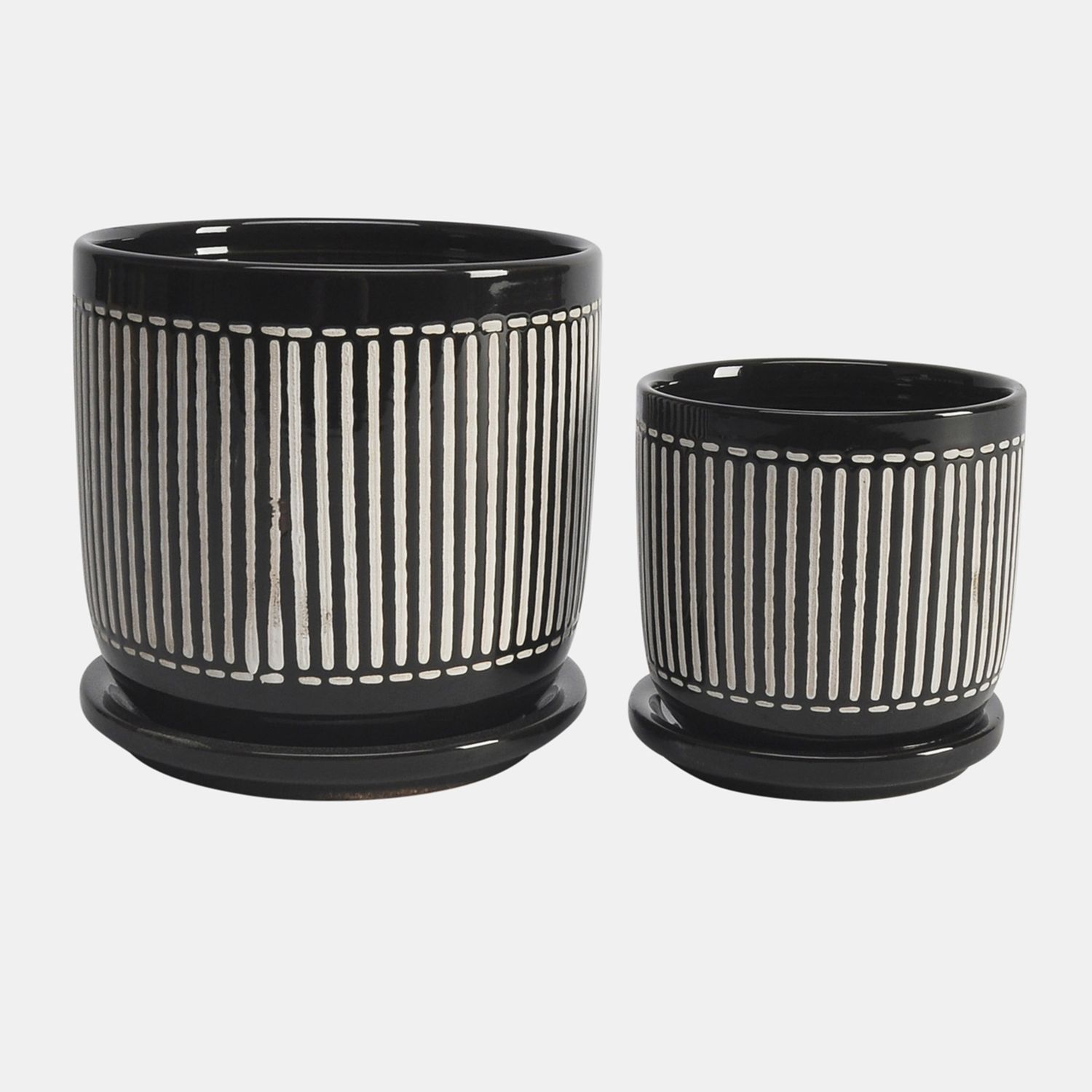 S/2 5/6&quot; Vertical Lines Planter W/ Saucer, Black