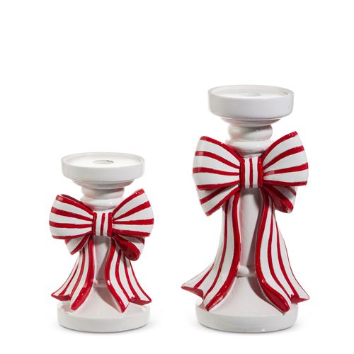 10&quot; RED AND WHITE STRIPE BOW CANDLE HOLDERS