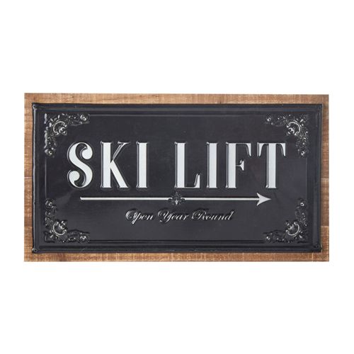 17.75&quot; SKI LIFT EMBOSSED METAL WITH WOOD WALL ART