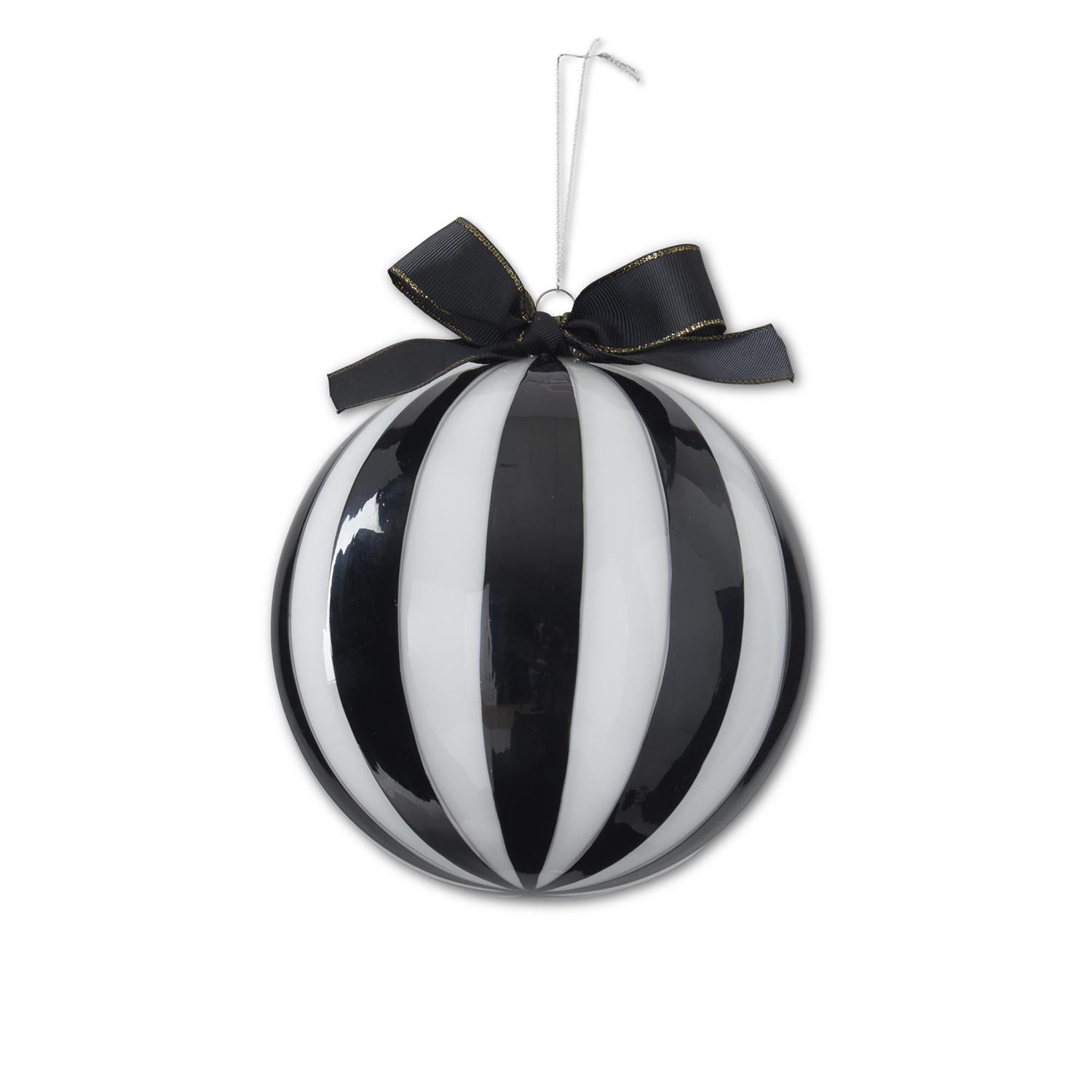 7 Inch Black &amp; White Striped Glass Ornament &amp; Ribbon Hanger