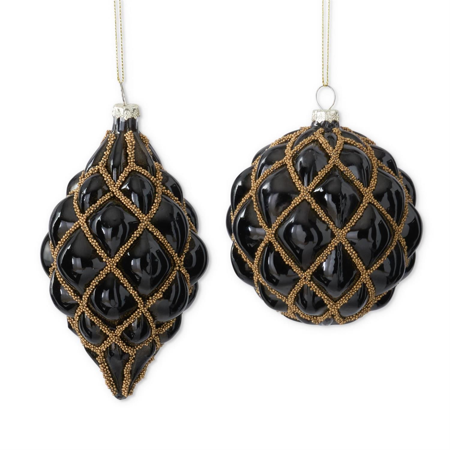 Assorted Black Glass Ornaments w/Quilted Gold Trim (2 Styles)