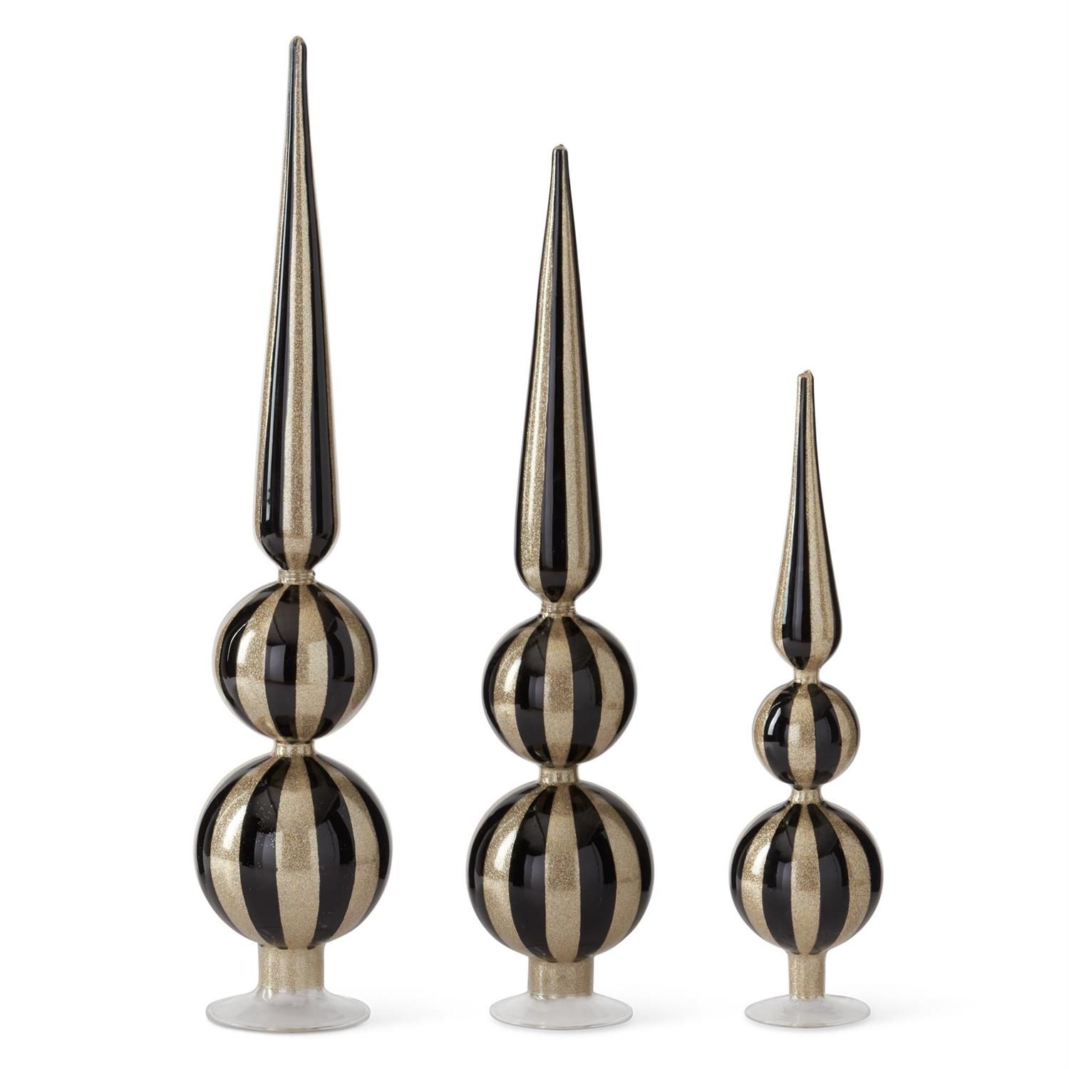 Set of 3 Glitter Silver &amp; Black 2-Ball Finials