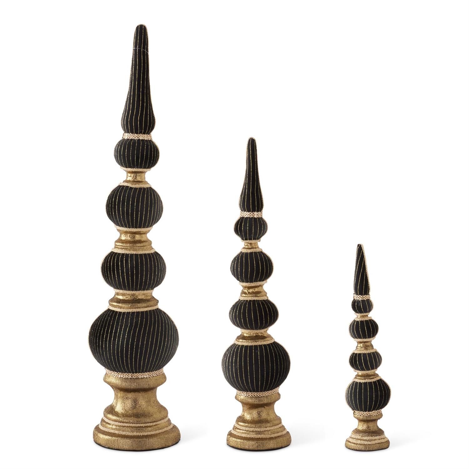 Set of 3 Black Velvet 4-Ball Finials w/Gold Trim &amp; Base
