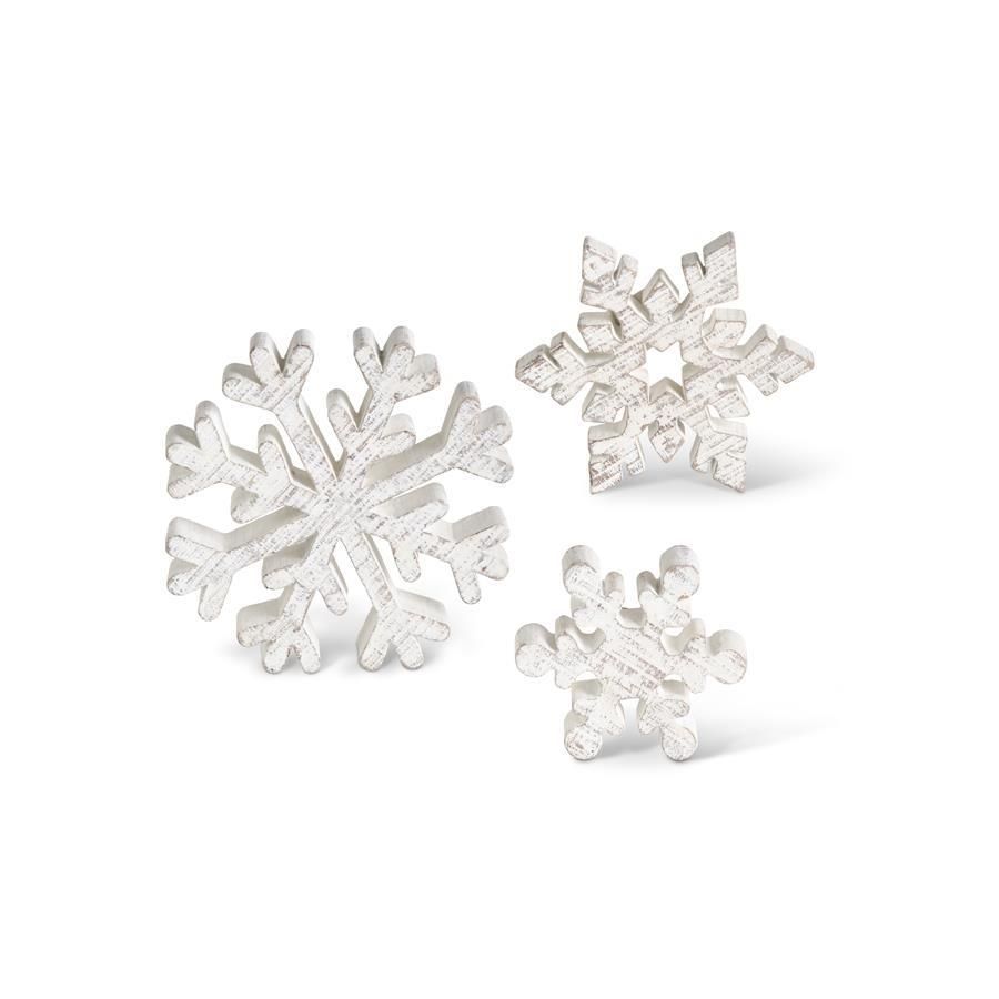 Set of 3 Small Wooden Whitewashed Snowflakes