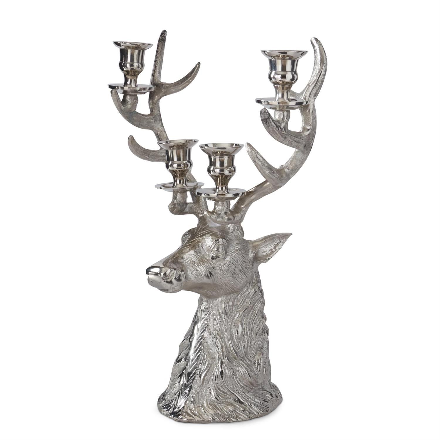 16 Inch Silver Deer Bust 4 Taper Candelabra