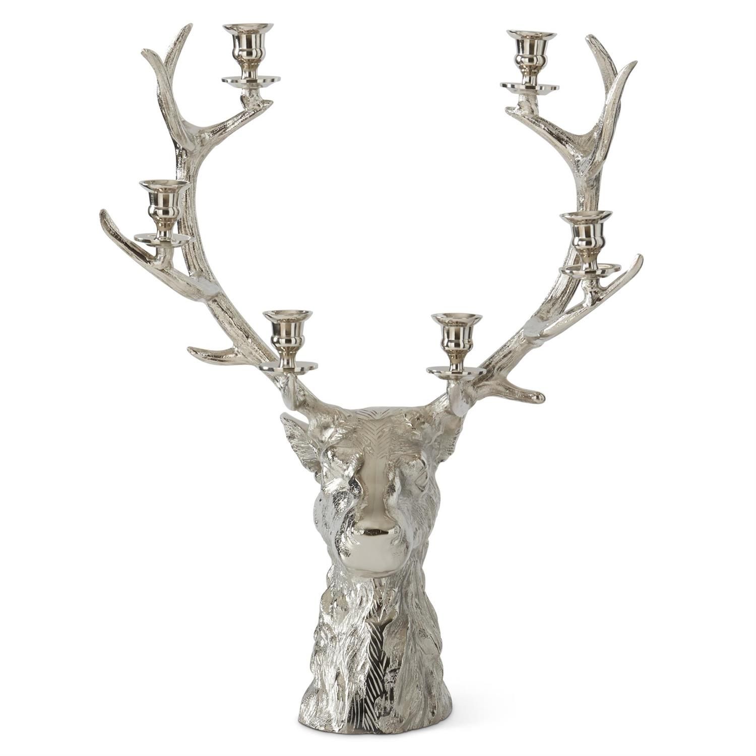 25.75 Inch Silver Deer Bust 6 Taper Candelabra
