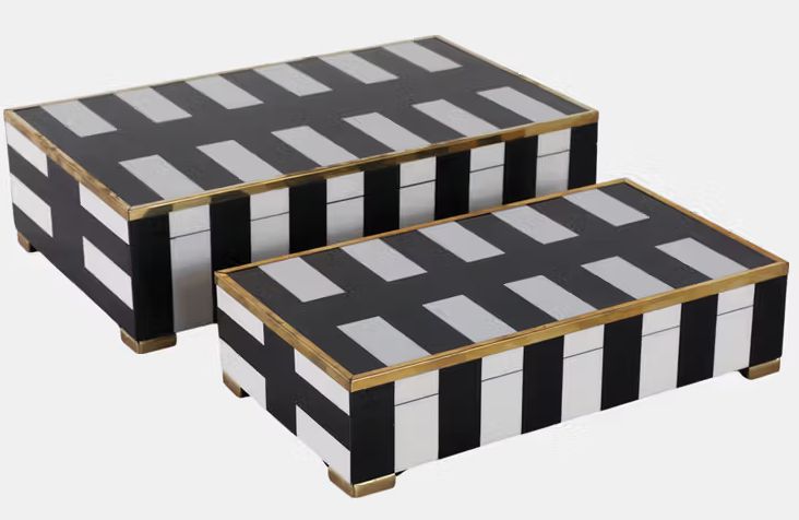 S/2 12/14&quot; GOLD FOOTED BOXES, BLACK/WHITE