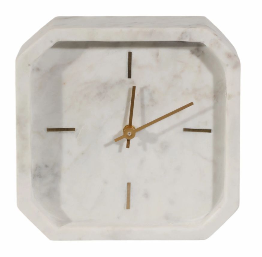 8&quot; MARBLE OCTAGON CLOCK, WHT/GLD