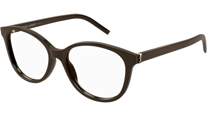 Saint Laurent SL M112 007 Eyeglasses – Shiny Dark Brown Acetate with Sleek Architectural Form