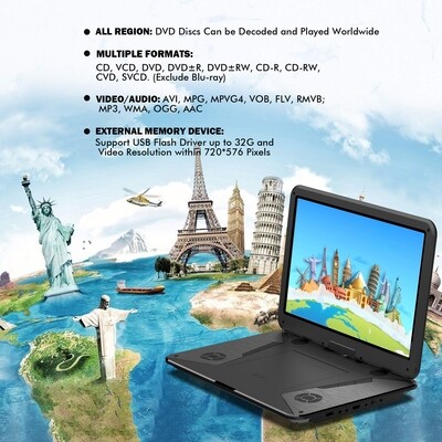 SUNPIN 17.9" Portable DVD Player with 15.6" Large HD Screen, Screen Mirroring, 6 Hours Rechargeable Battery, Support Dolby Digital/USB Driver/Sync TV and All Region Discs, High Volume Speaker, Black
