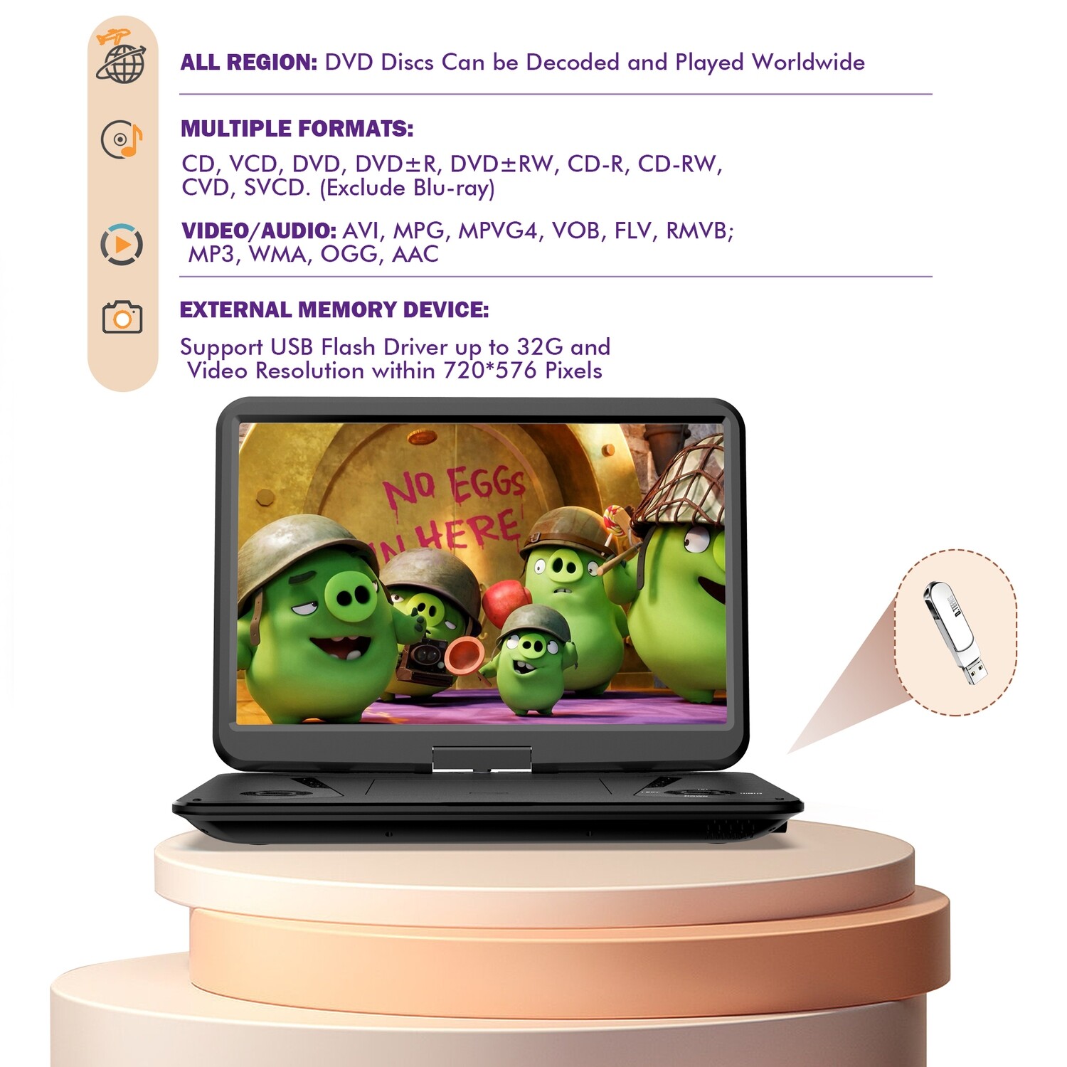 SUNPIN 17.9" Portable DVD Player with 15.6'' Large HD Swivel Screen, Screen Mirror Function, HDMI Input, Dolby Digital, 6 Hours Rechargeable Battery, Support USB and Multiple Disc Formats, Sync TV