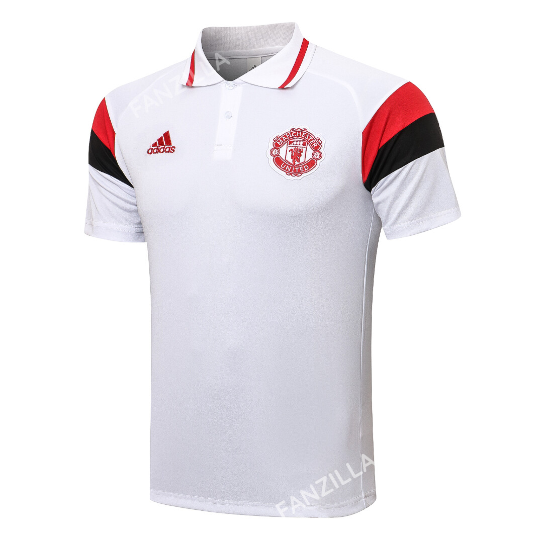 Manchester United White Polo [Striped Sleeve]