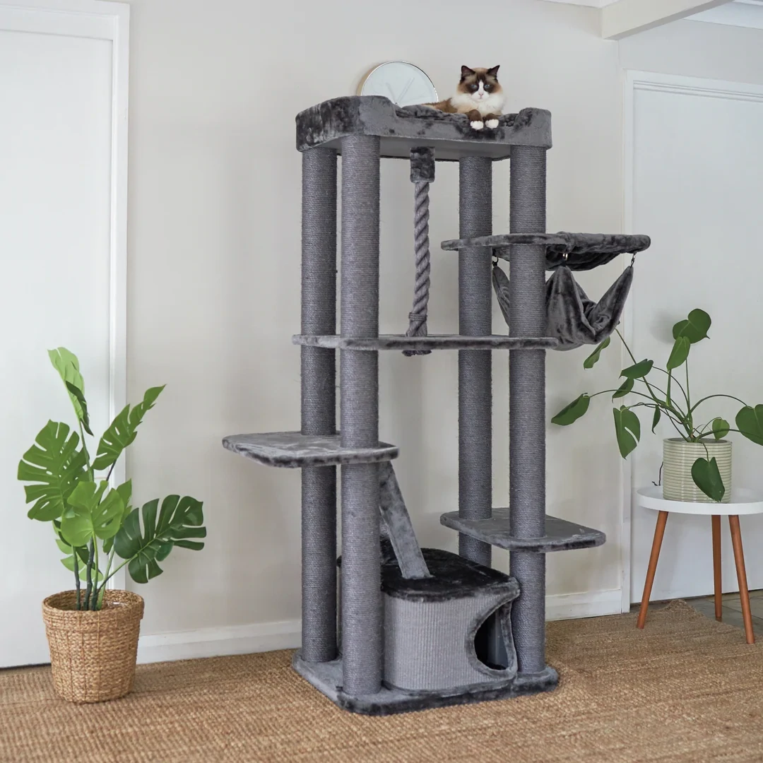 Kazoo Kitty Climb Playground Charcoal Plush &amp; Grey Sisal 700 x 600 x 1780mm