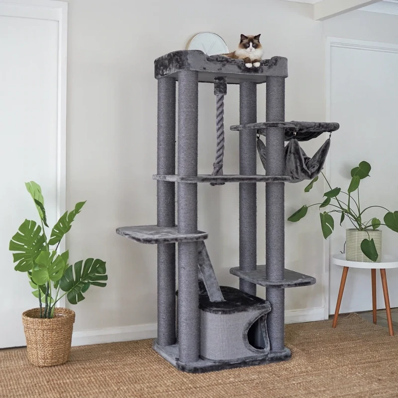 Kazoo Kitty Climb Playground Charcoal Plush &amp; Grey Sisal 700 x 600 x 1780mm