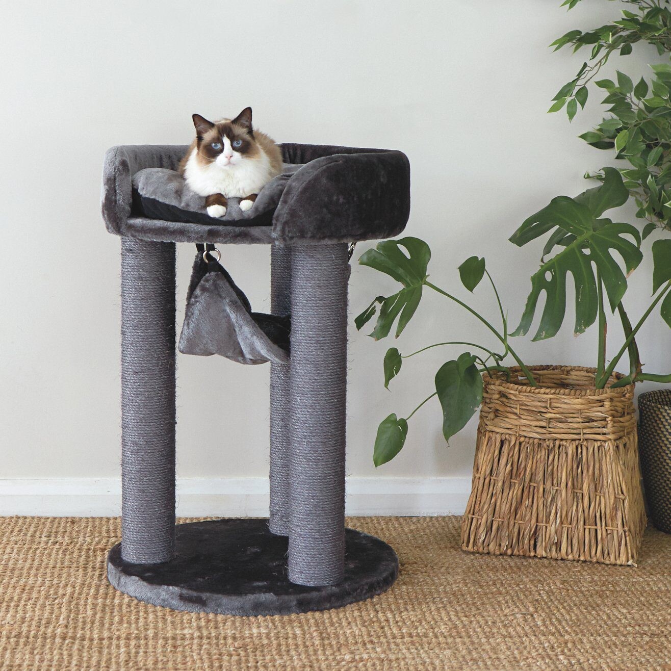 KAZOO Kitty Sleep &amp; Hang Round - Charcoal Plush &amp; Grey Sisal 600 x 600 x 880mm