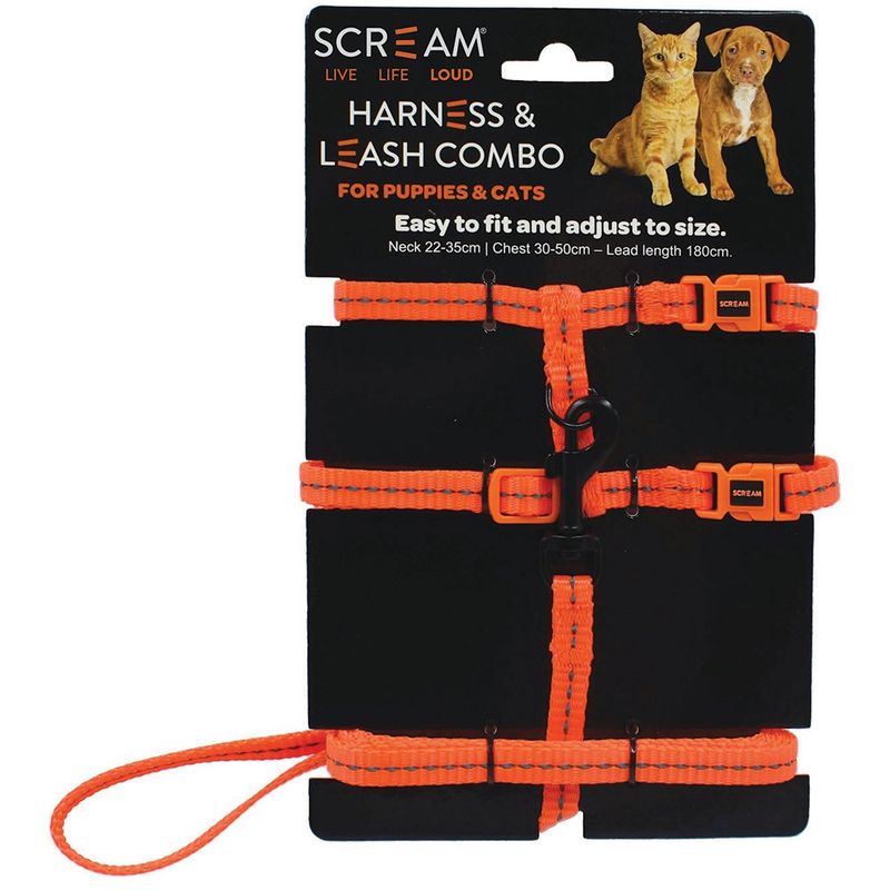 Scream REFLECTIVE ADJ. NYLON CAT/PUPPY 1cm HARNESS w/LEASH Loud Orange