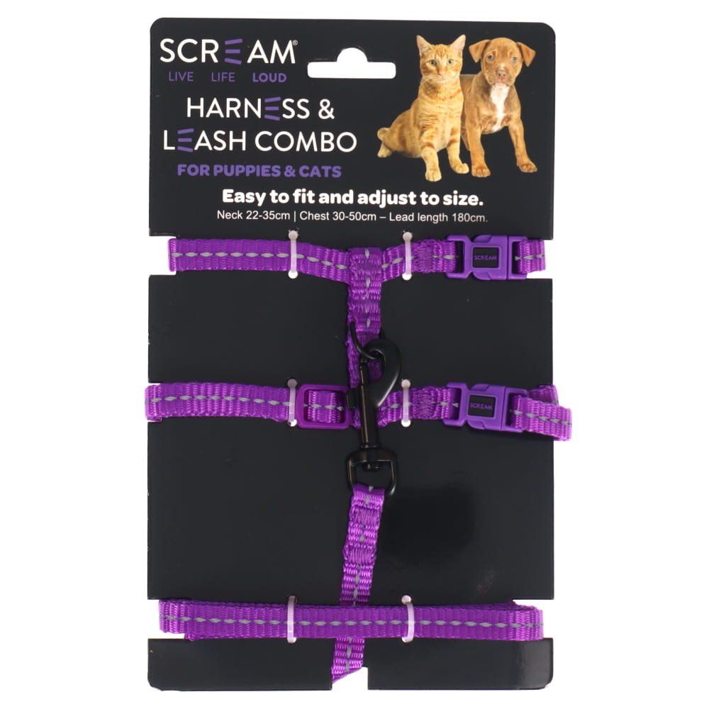 Scream REFLECTIVE ADJ. NYLON CAT/PUPPY 1cm HARNESS w/LEASH Loud Purple