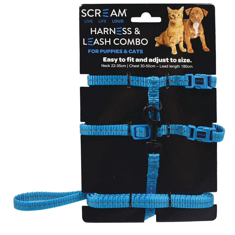 Scream REFLECTIVE ADJ. NYLON CAT/PUPPY 1cm HARNESS w/LEASH Loud Blue