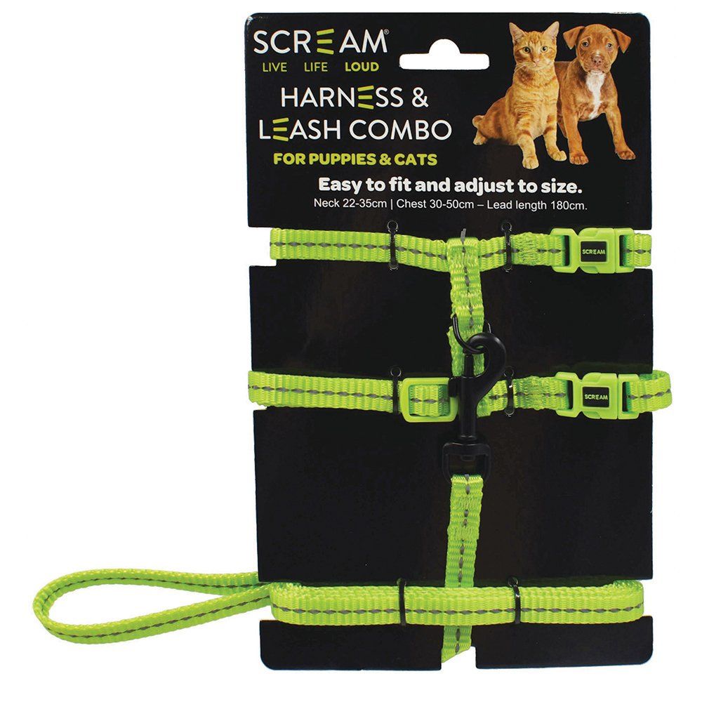Scream REFLECTIVE ADJ. NYLON CAT/PUPPY 1cm HARNESS w/LEASH Loud Green