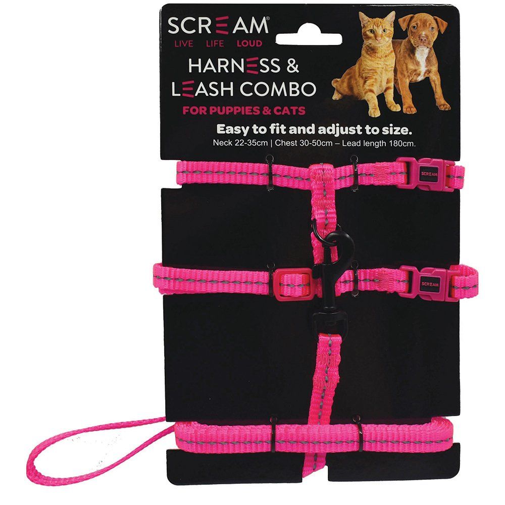 Scream REFLECTIVE ADJ. NYLON CAT/PUPPY 1cm HARNESS w/LEASH Loud Pink
