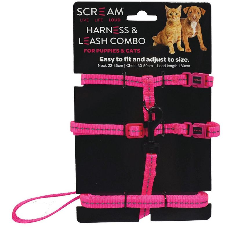 Scream REFLECTIVE ADJ. NYLON CAT/PUPPY 1cm HARNESS w/LEASH Loud Pink