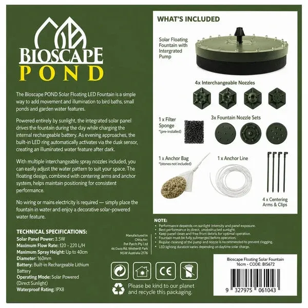 Bioscape Floating Solar Fountain with Lights 20cm