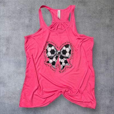 Game Day Soccer Bow Women&#39;s Flowy Racerback Tank