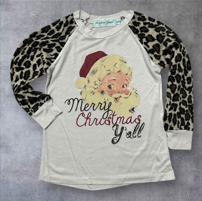 Merry Christmas Y&#39;all Leopard Long Sleeve Top (Youth 4-5)