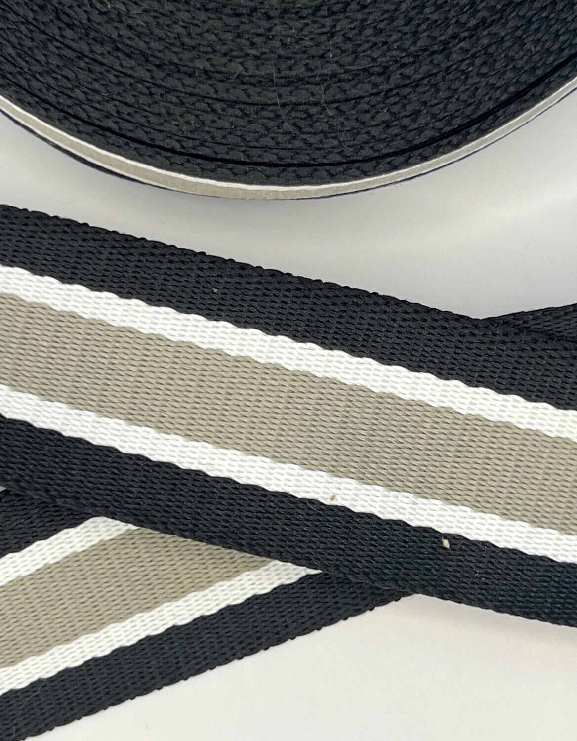 Black, Grey and White Striped Polyester Webbing 1.5"/38mm Sold by the Yard