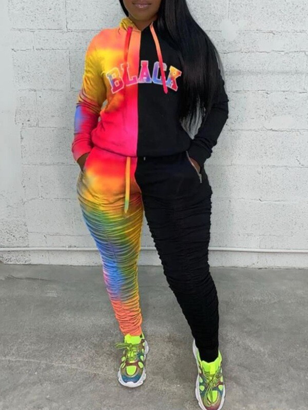 Hooded Collar Tie-dye Patchwork Blue Plus Size Two-piece Pants Set