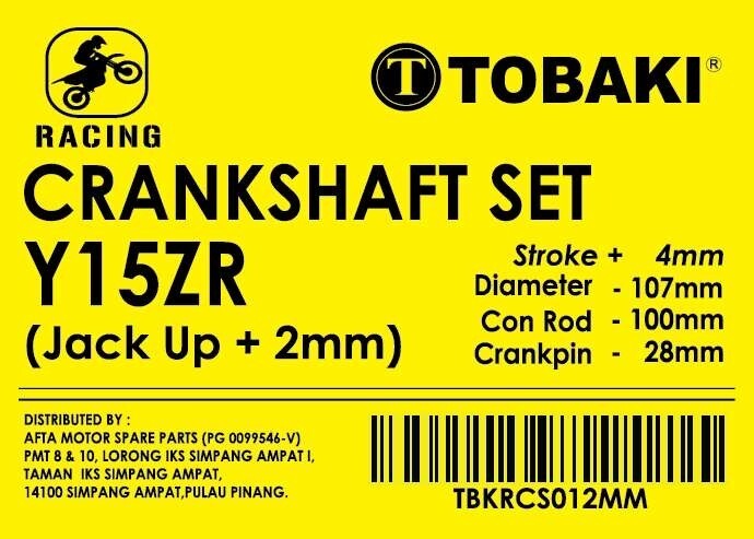 TOBAKI RACING CRANKSHAFT Y15ZR/LC135 5S, RCS: Jack Up 2mm  Diameter (107mm) Con Rod (100mm) Crankpin (28mm)