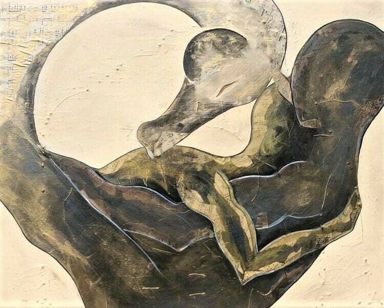 "Un instant de douceur".
Toile châssis 92cm x 74 cm, technique encres, pigments naturels, fusains.