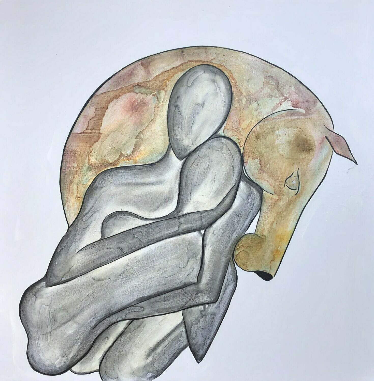 "Me ressourcer en vous".
Grande toile châssis 1mx1m Encres, fusains, vernis.