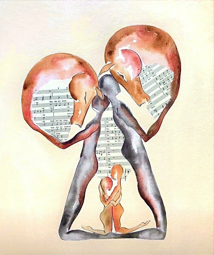 "Ensemble". Toile encollée 46cm x 38 cm.
Technique encres et collages.