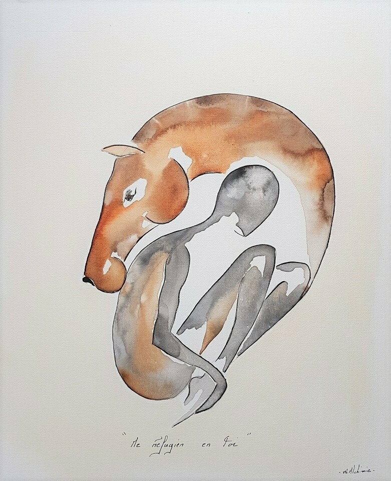 "Me refugier en toi". 55cm x 46cm. Toile encollée.
Technique encres.
