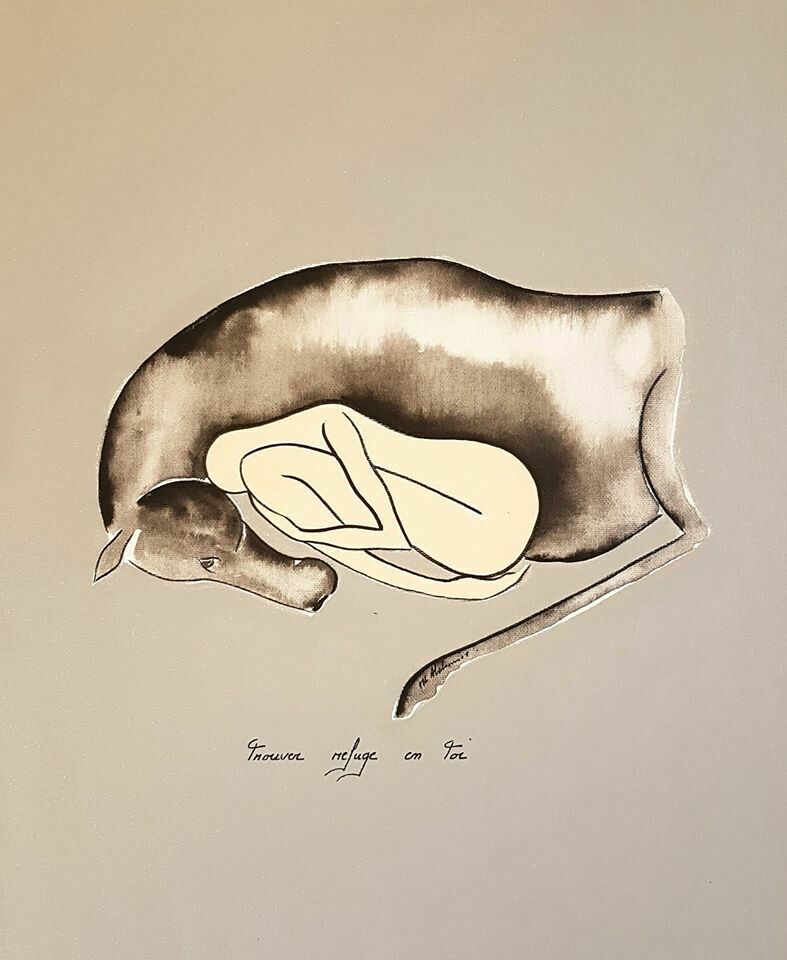 "Trouver refuge en toi". Toile encollée 41 x 33 cm.
Technique encres, acrylique.
