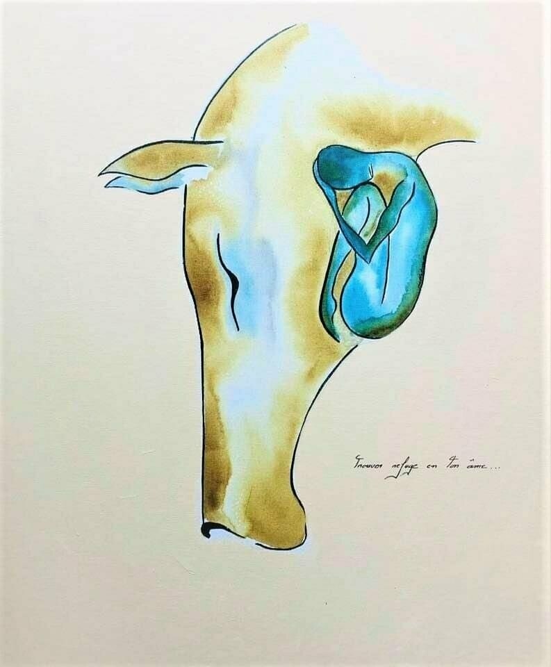 "Trouver refuge en ton âme". Toile cartonnée encollée 
55cm x 46 cm, Technique encres.