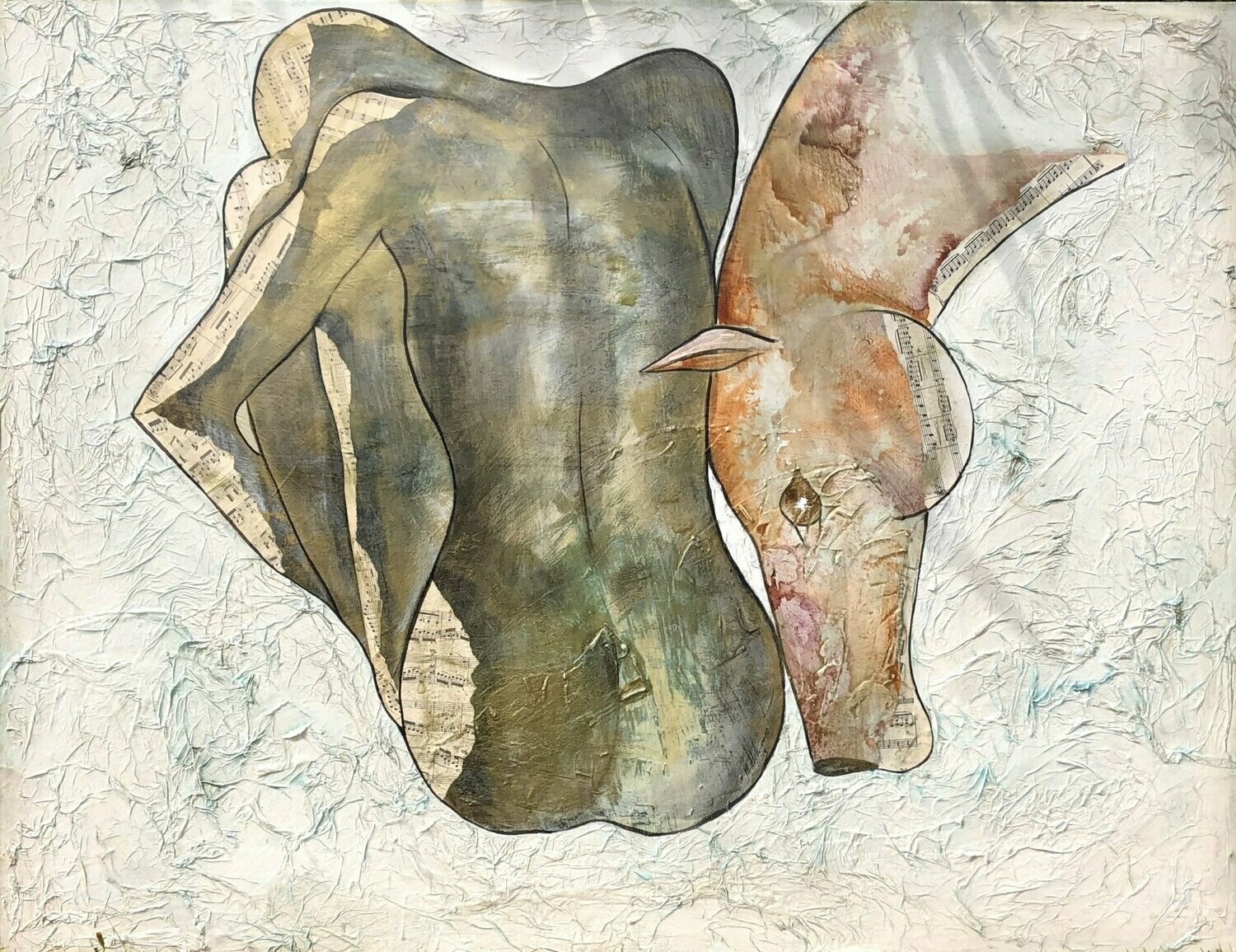 "Adossée à ta présence". Grande toile sur châssis 116x88cm Technique pigments naturels, encres, collages...