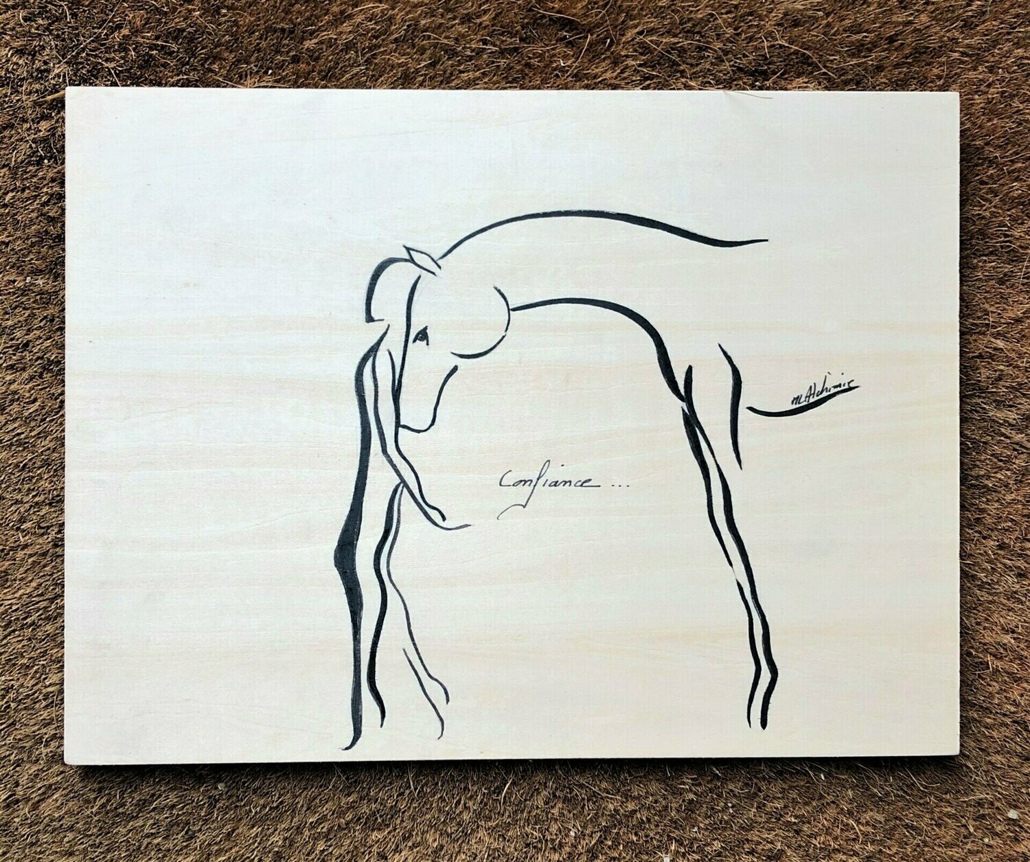 "Confiance". Sur bois exotique 30x22,5 cm et 0,5 d'épaisseur. Technique encres.