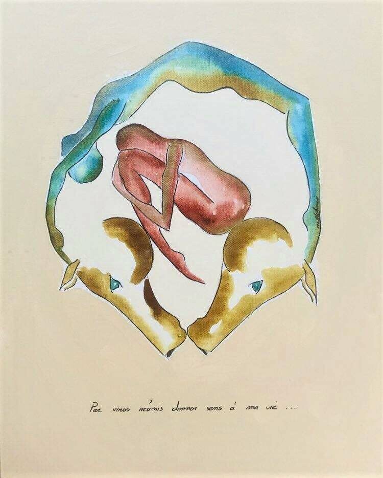"Par vous réunis, donner sens à ma vie". Toile encollée. 41x33 cm Technique encres.
